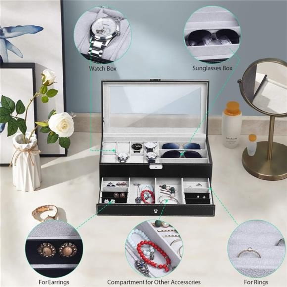 Watch Box Watch Case Jewelry Organizer Holder Jewelry DisplayBox Case Sunglasses - Picture 4 of 7